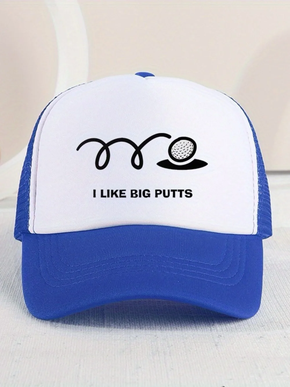 White & Royal Blue Trucker Hat with 'I Like Big Putts' Print
